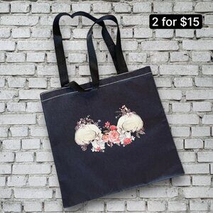 Skulls & Pink Roses Black Fabric Canvas Strap Everyday Tote Bag